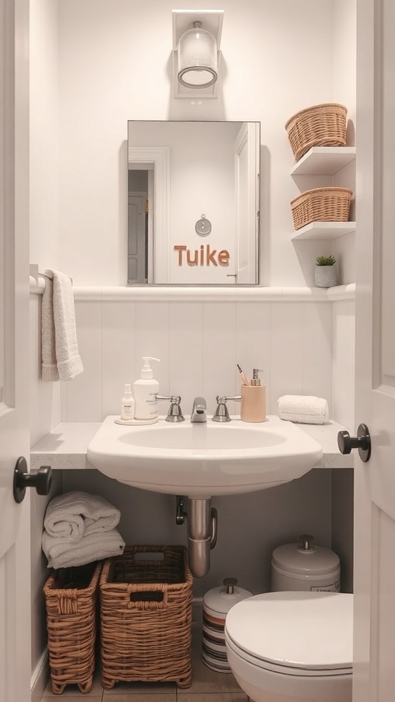 Stylish storage baskets in a small bathroom.