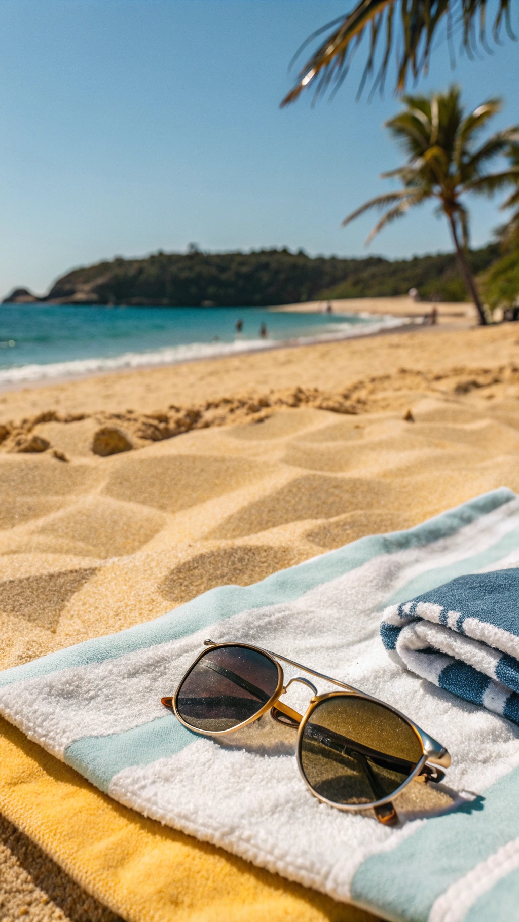 20 Thoughtful New Year's Gifts for Him Stylish sunglasses on a beach towel with a scenic beach view