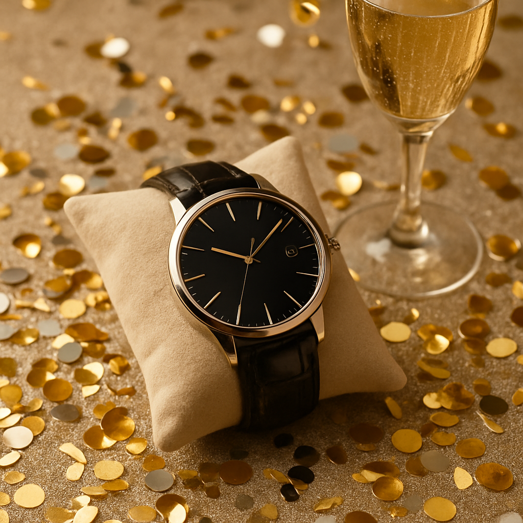 A stylish watch on a cushion with gold confetti and a glass of champagne