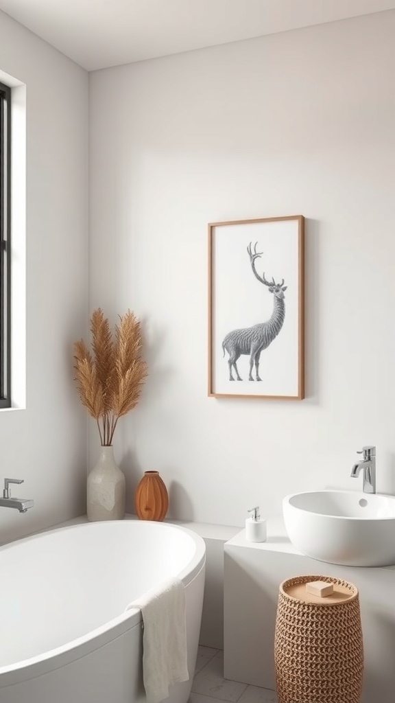 Minimalist bathroom featuring subtle wall art and natural decor.