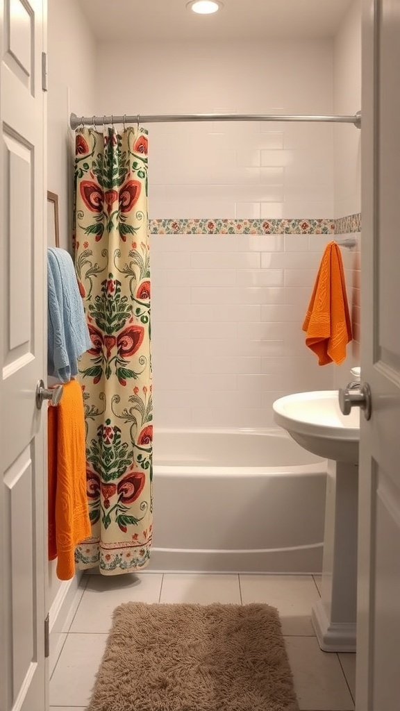 15 Creative Ways to Decorate a Small Bathroom on a Budget A small bathroom with a colorful shower curtain, bright towels, and a fluffy bath mat.