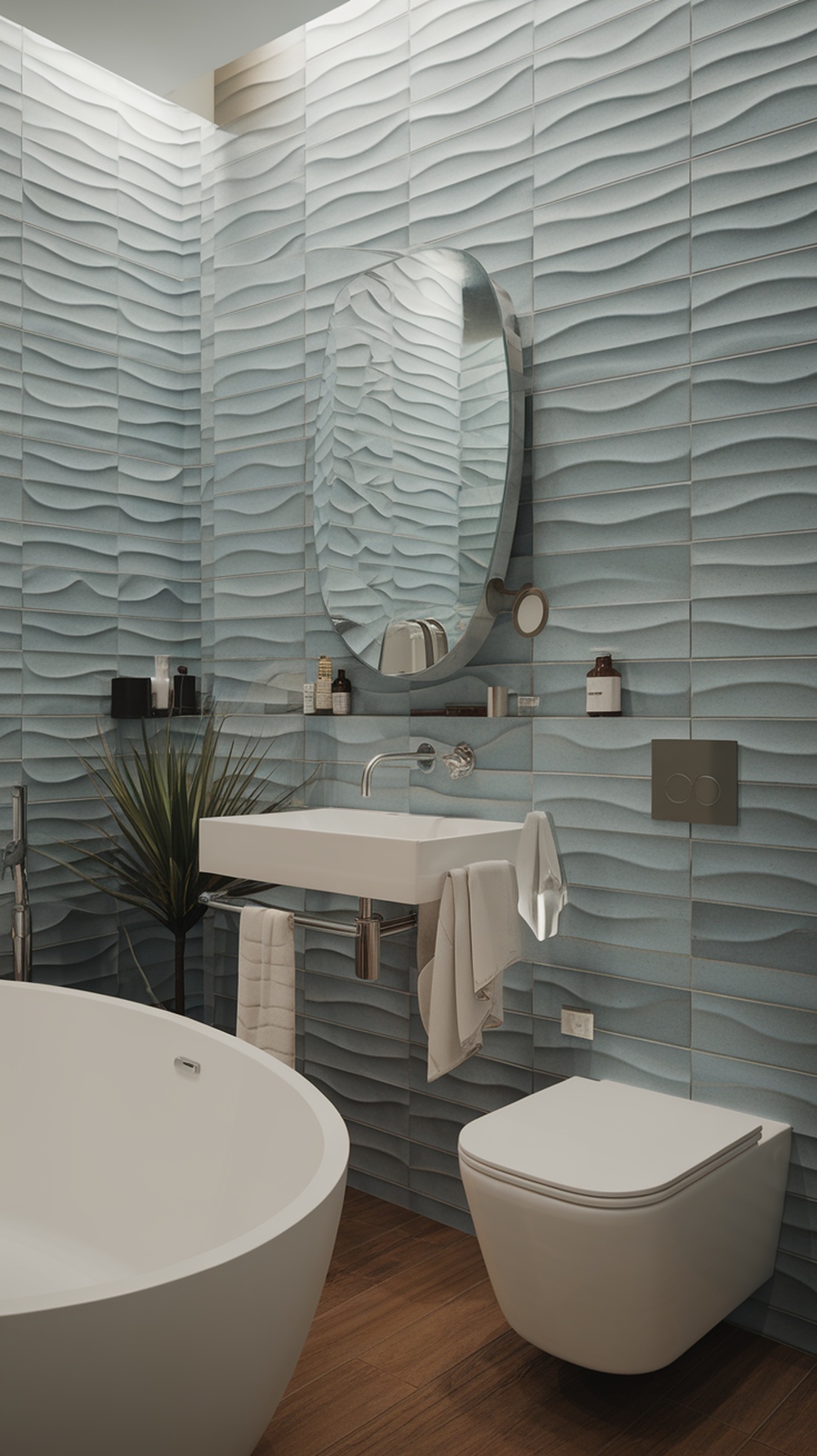 A modern bathroom featuring textured 3D tiles in soft blue tones, a round mirror, and sleek fixtures.