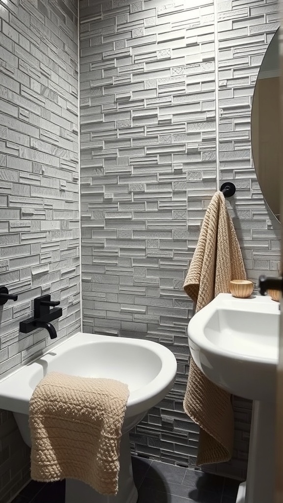 A small bathroom featuring textured gray tiles on the wall, a round mirror, and soft beige towels.