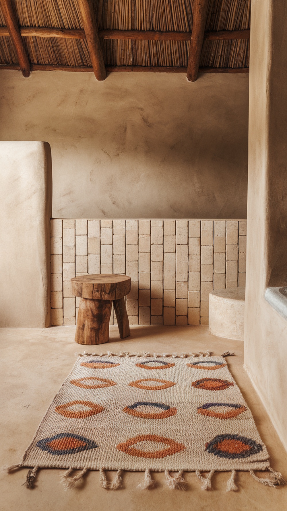 10 Boho Bathroom Decor Ideas for a Relaxed and Artistic Oasis A textured rug with earthy tones and patterns in a minimalist bathroom setting.