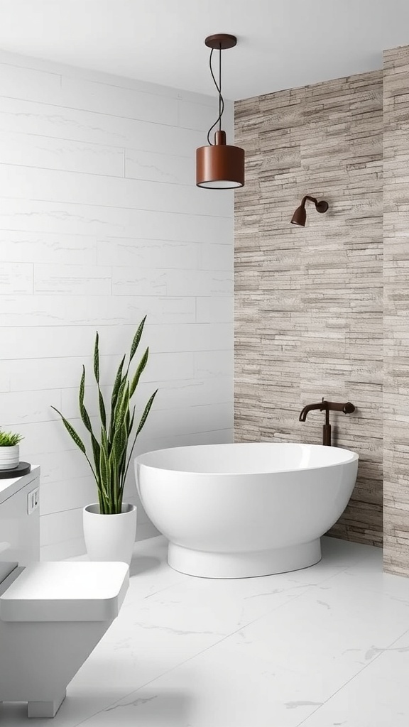 A minimalist bathroom featuring a textured wall treatment with a modern bathtub and plants.