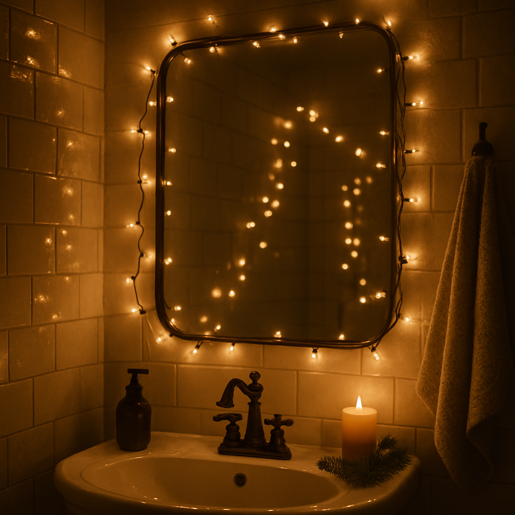 A cozy bathroom with twinkling fairy lights around a mirror, a candle on the sink, and a towel hanging nearby.