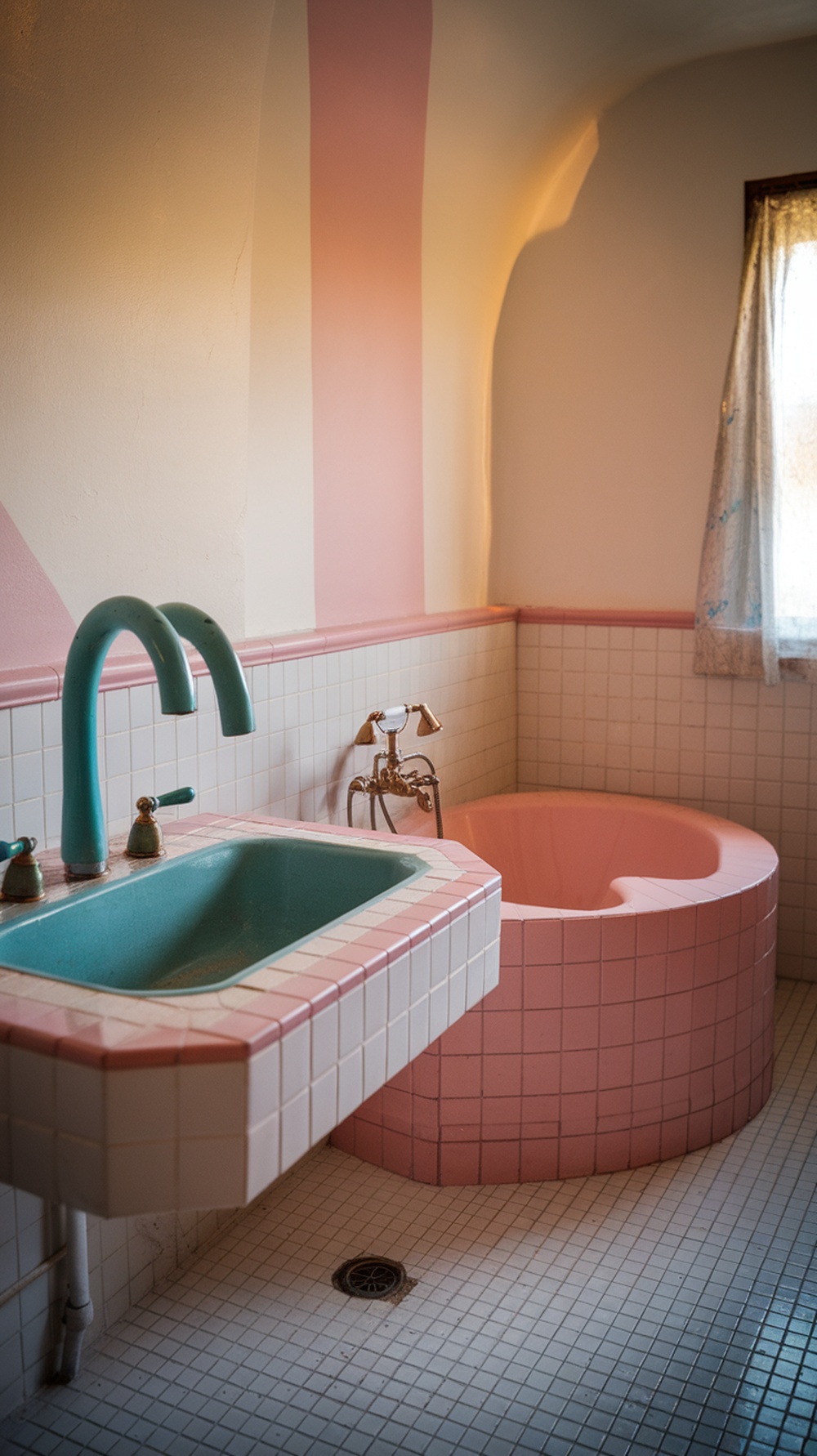 15 Small Funky Bathroom Ideas to Transform Your Space Instantly A small bathroom featuring a pink tub and teal sink with unique fixtures.