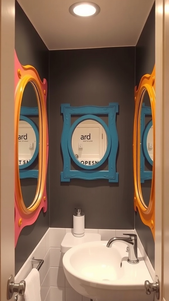 Colorful mirrors with unique frames in a small bathroom