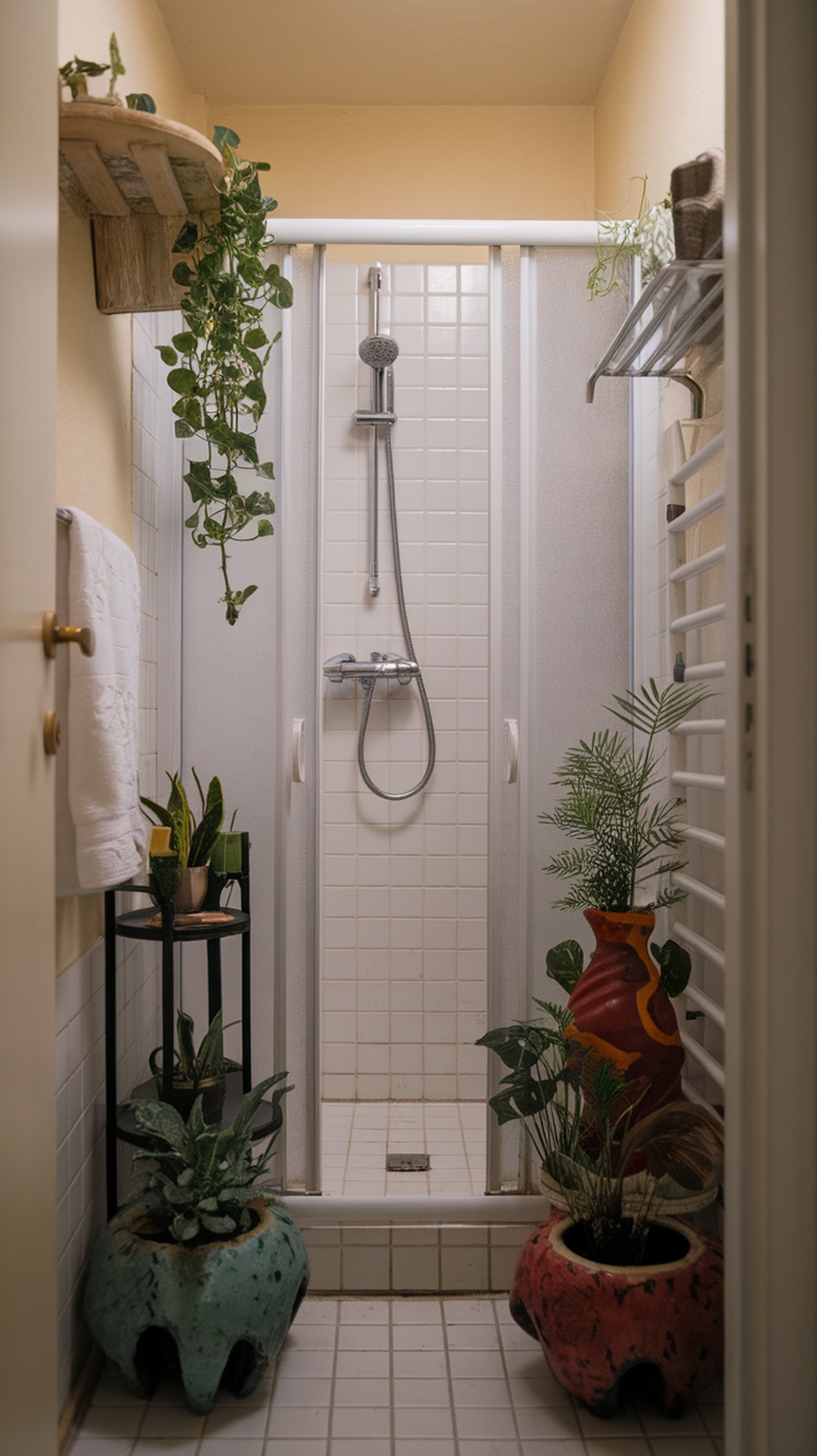 15 Funky Small Bathroom Ideas on a Budget with Must-Have Amazon Decor Finds A small bathroom featuring unique plant displays in colorful pots.