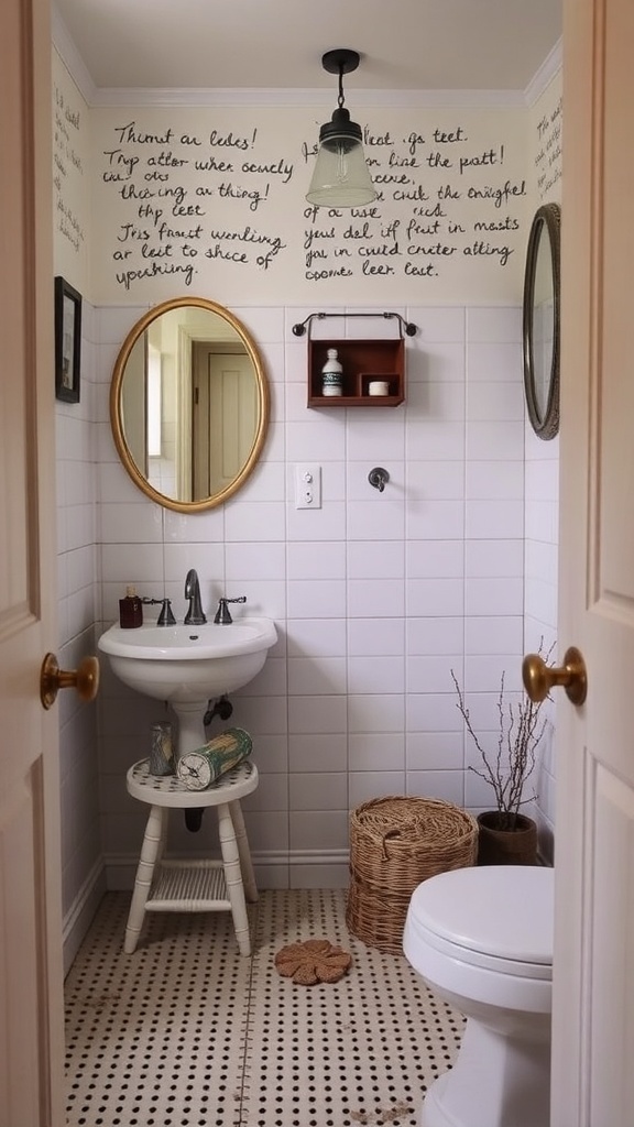 15 Creative Ways to Decorate a Small Bathroom on a Budget A small bathroom featuring upcycled furniture, including a stool and a shelf.