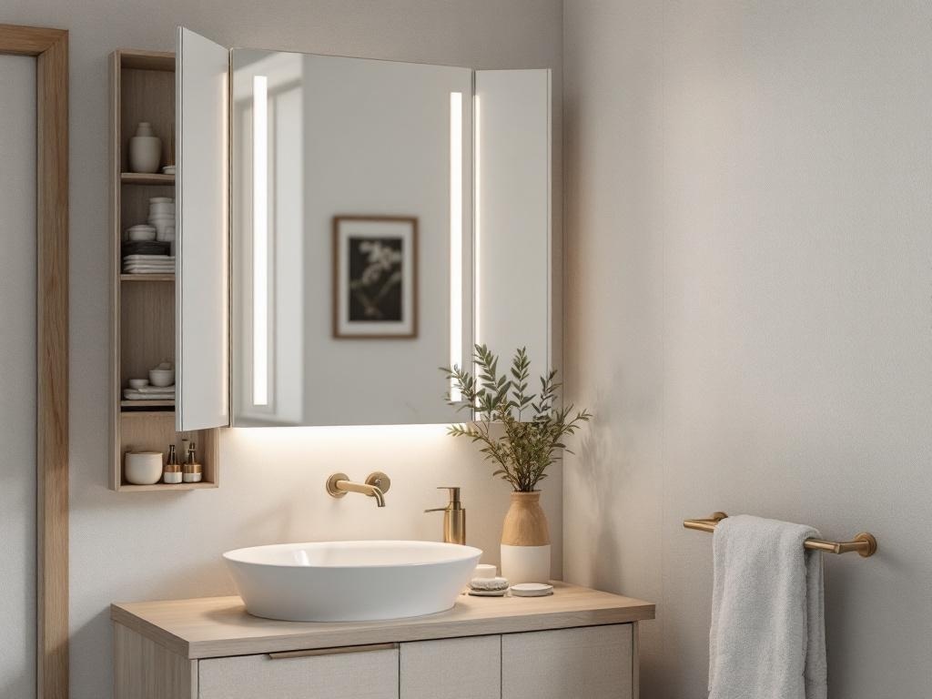 A modern tiny bathroom featuring a mirror cabinet, a sleek sink, and minimal decor.