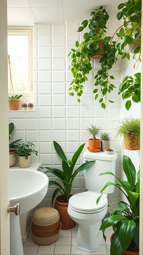 15 Creative Ways to Decorate a Small Bathroom on a Budget A small bathroom decorated with various indoor plants, including hanging and potted plants.