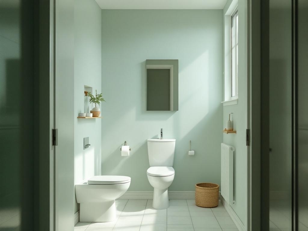 A bright and spacious tiny bathroom with light green walls and minimal decor.