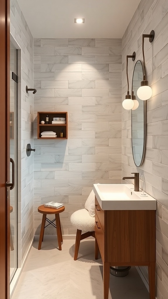 A chic small bathroom featuring a wooden vanity, a round mirror, and a stool for seating.