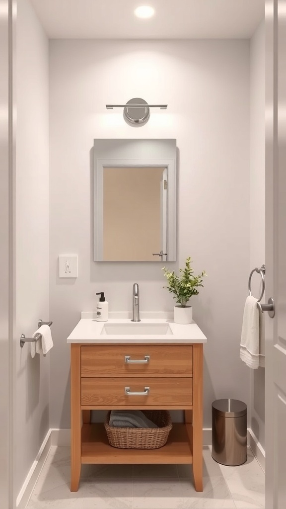 15 Creative Ways to Decorate a Small Bathroom on a Budget A small bathroom featuring a wooden vanity with storage, a mirror, and a minimalist design.