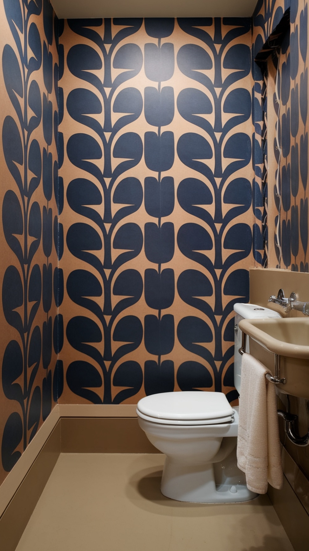 15 Small Funky Bathroom Ideas to Transform Your Space Instantly Small bathroom with navy blue patterned accent wall and beige fixtures.