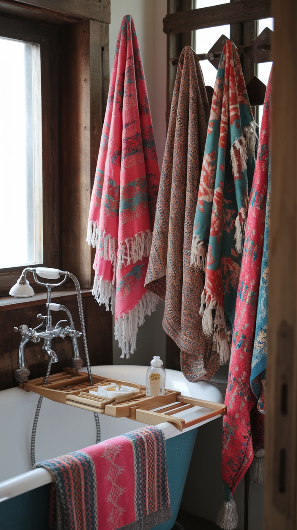 10 Boho Bathroom Decor Ideas for a Relaxed and Artistic Oasis Colorful towels hanging in a boho-style bathroom, showcasing vibrant patterns and textures.
