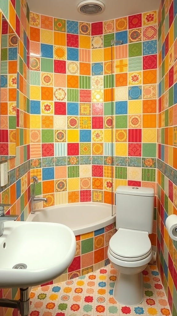 Colorful tiled small bathroom with various patterns