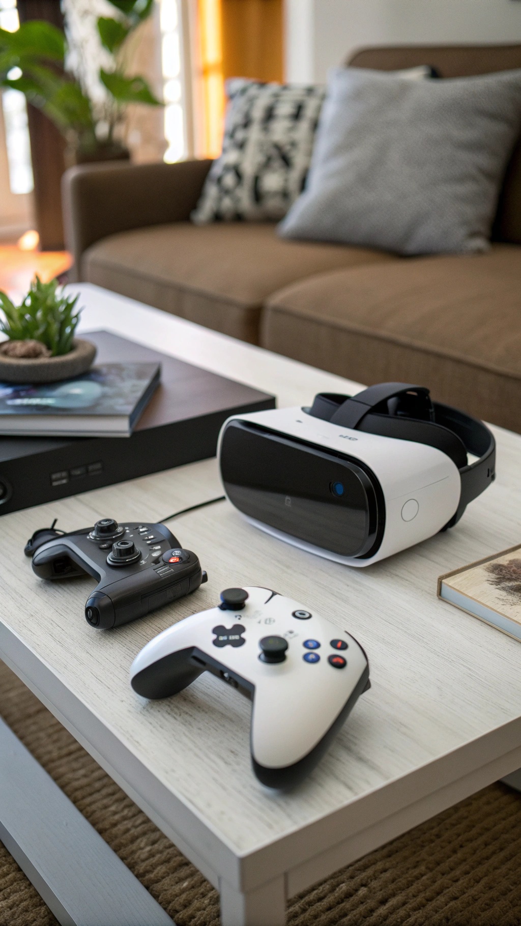 20 Thoughtful New Year's Gifts for Him A virtual reality headset on a coffee table with gaming controllers and a plant.