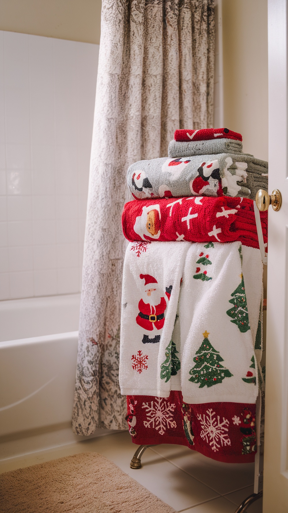 A stack of colorful holiday towels featuring Santa Claus and Christmas trees in a cozy bathroom setting.