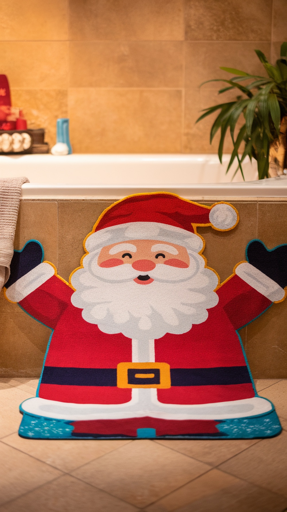 A colorful Santa-themed bath mat placed in a bathroom.