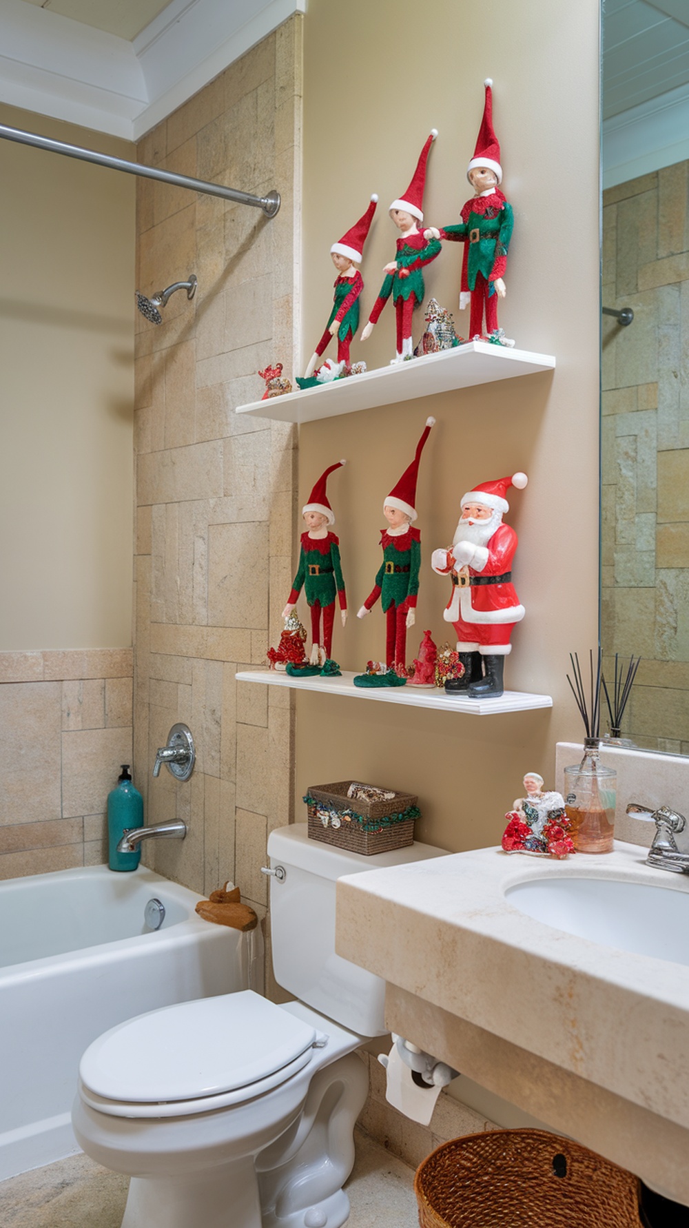 A bathroom decorated with whimsical holiday figurines including elves and Santa Claus on a shelf.
