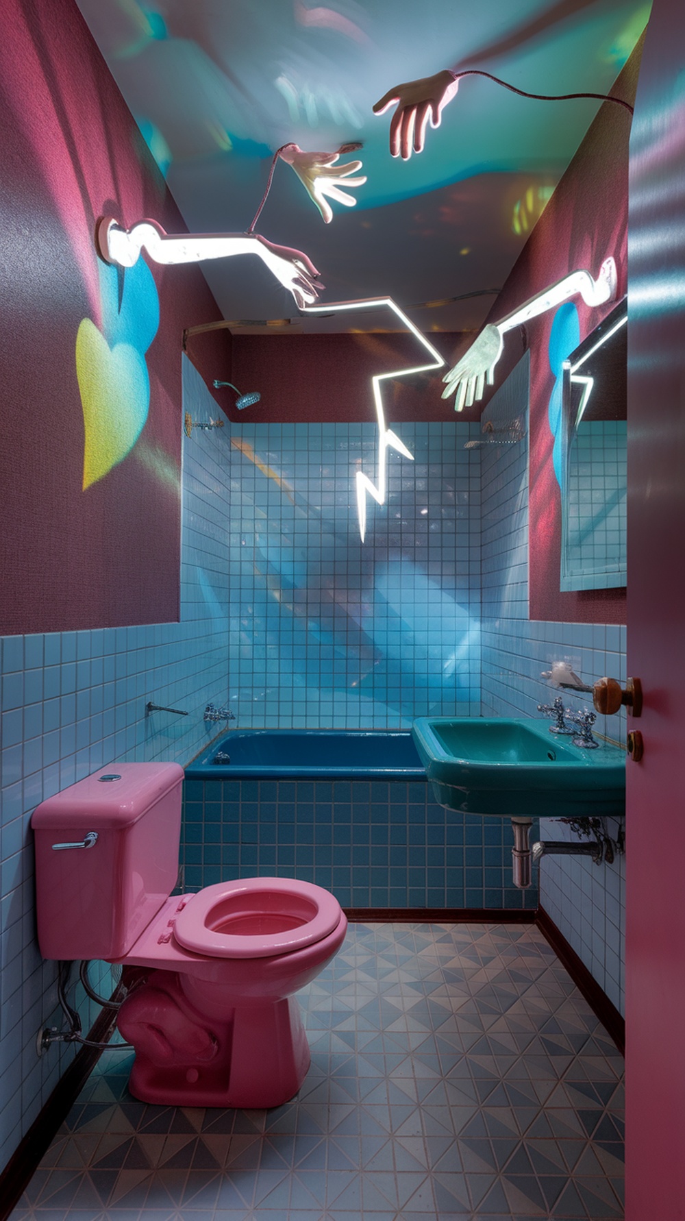 15 Small Funky Bathroom Ideas to Transform Your Space Instantly A small funky bathroom with whimsical lighting fixtures shaped like hands on the ceiling.