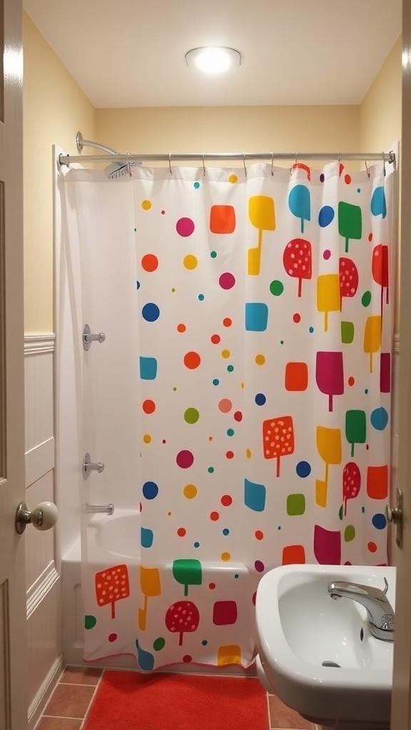 A colorful shower curtain with playful shapes and dots in a small bathroom setting.