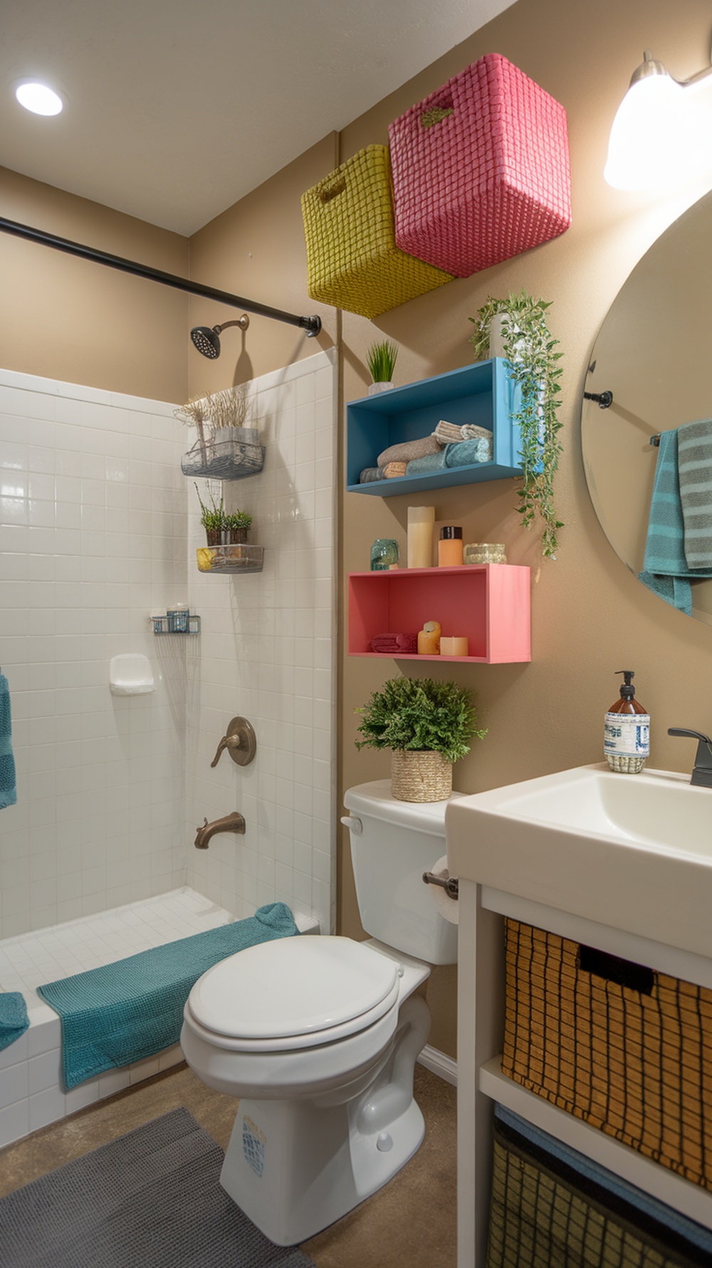15 Funky Small Bathroom Ideas on a Budget with Must-Have Amazon Decor Finds A small bathroom featuring colorful storage baskets and floating shelves.