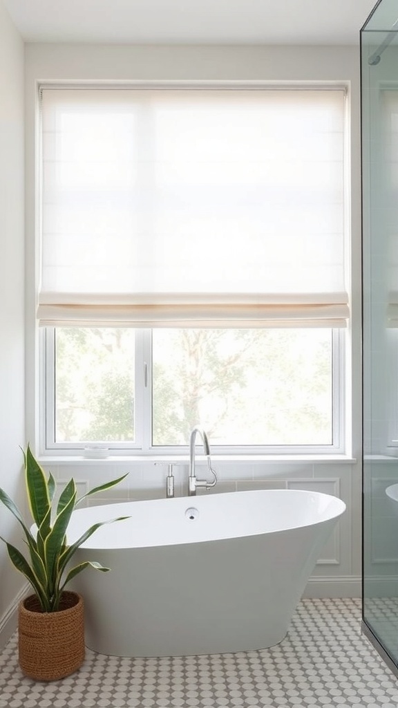 Minimalist bathroom with a freestanding tub and light-filtering window shades