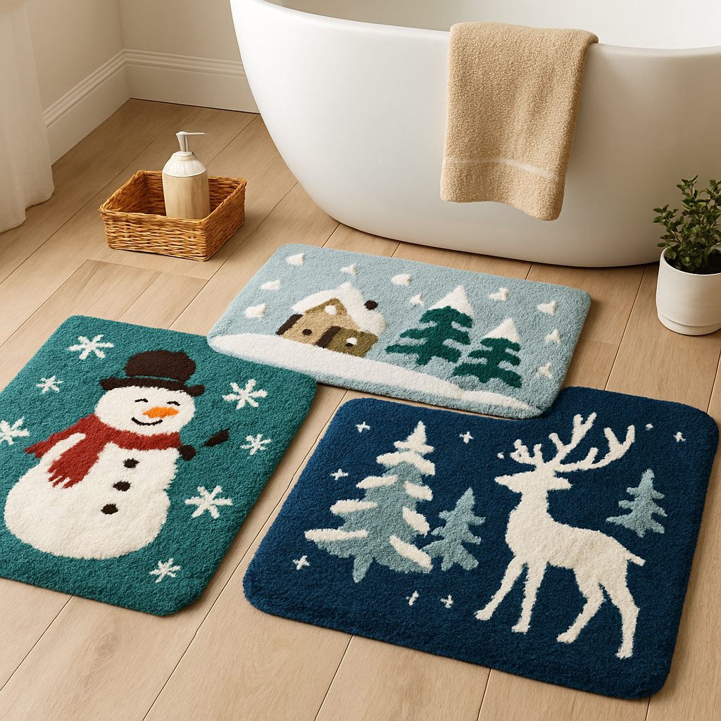 Three winter-themed bath rugs featuring a snowman, a house with trees, and a reindeer design.