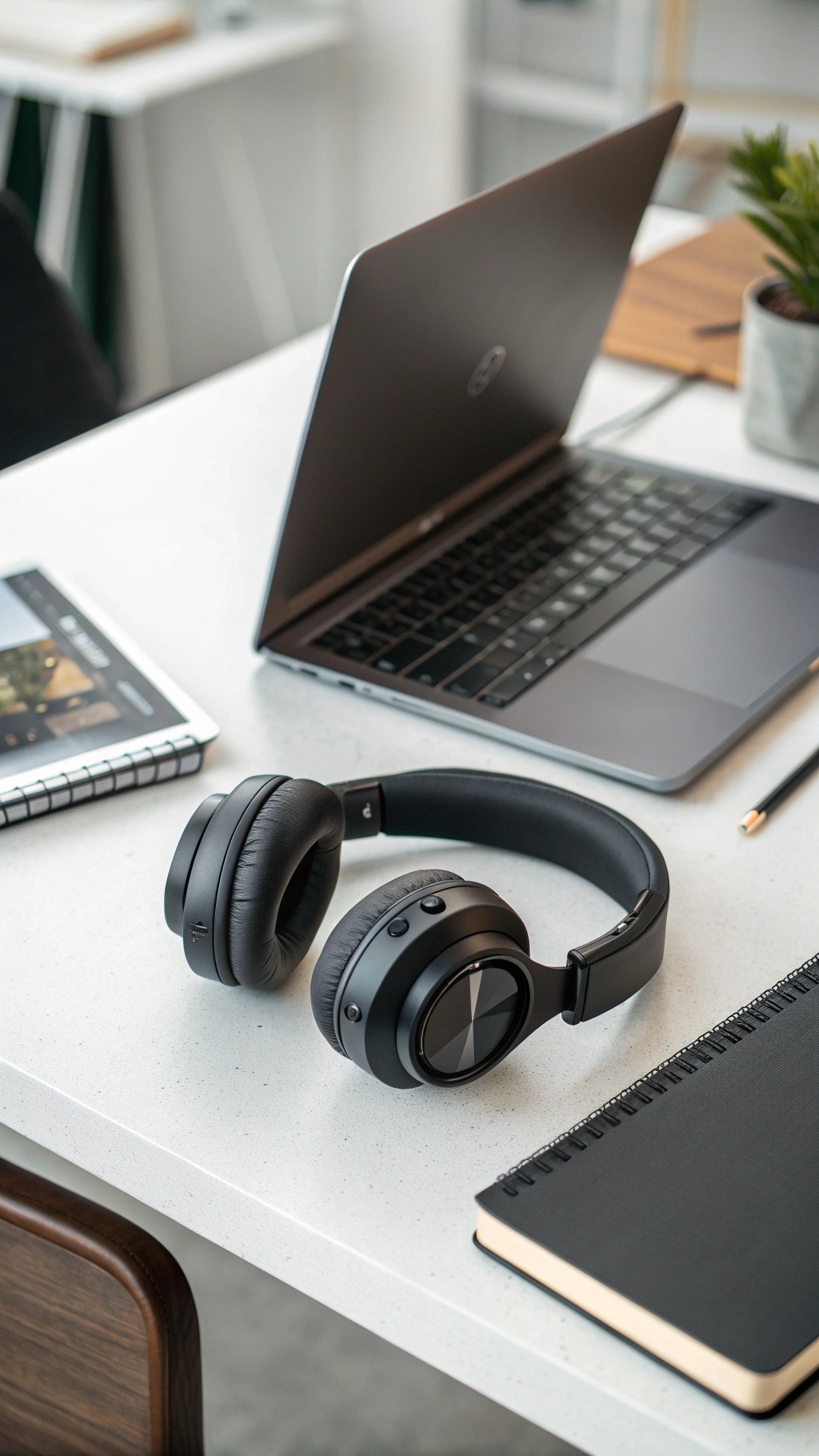 20 Thoughtful New Year's Gifts for Him A pair of wireless noise-canceling headphones on a desk with a laptop, tablet, and notebook.