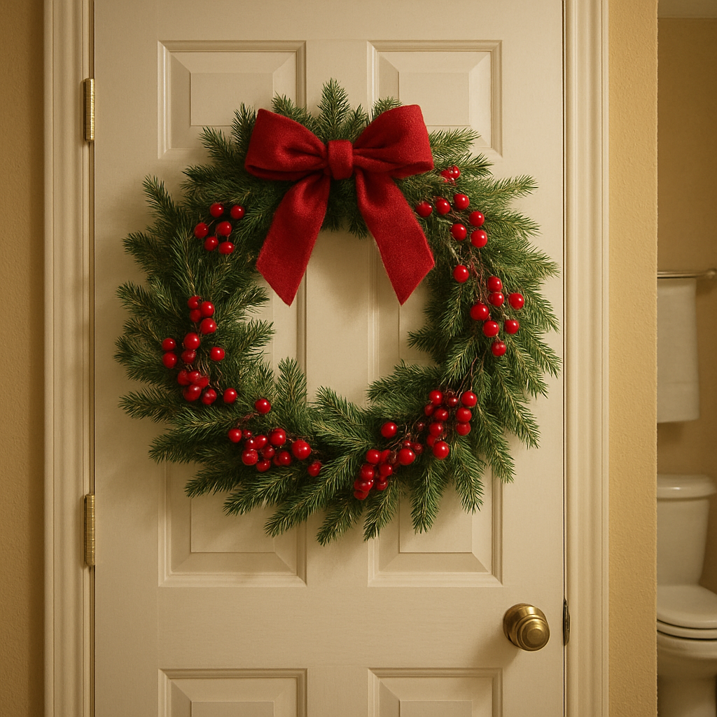 A Christmas wreath with red berries and a bow hanging on a bathroom door.