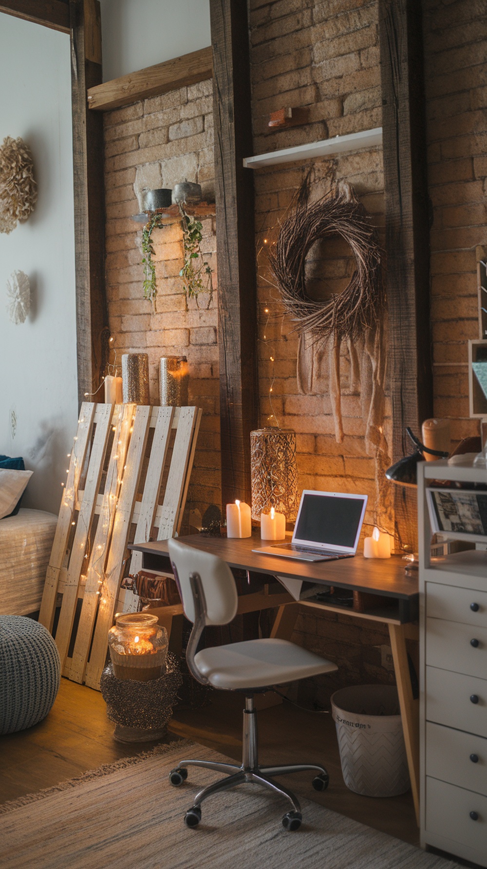 A cozy small bedroom with a desk, fairy lights, and decorative elements.