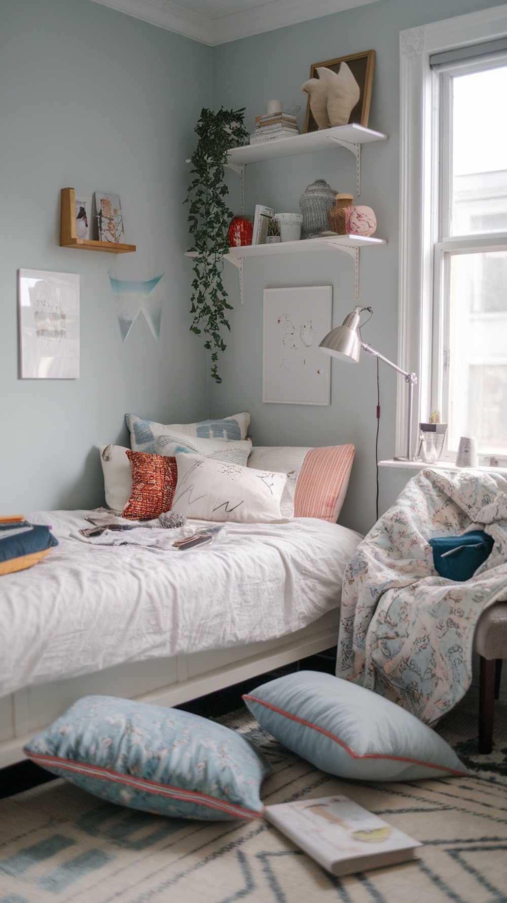 A cozy small bedroom with layered bedding, colorful pillows, and personal decor.