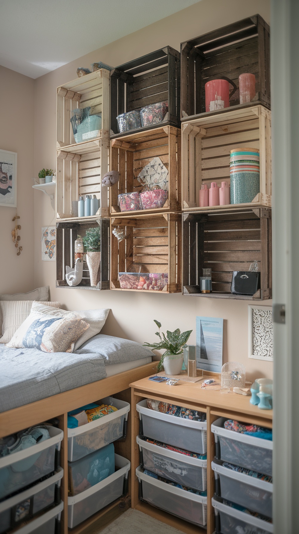 A cozy small bedroom featuring wooden crates on the wall and under-bed storage drawers.
