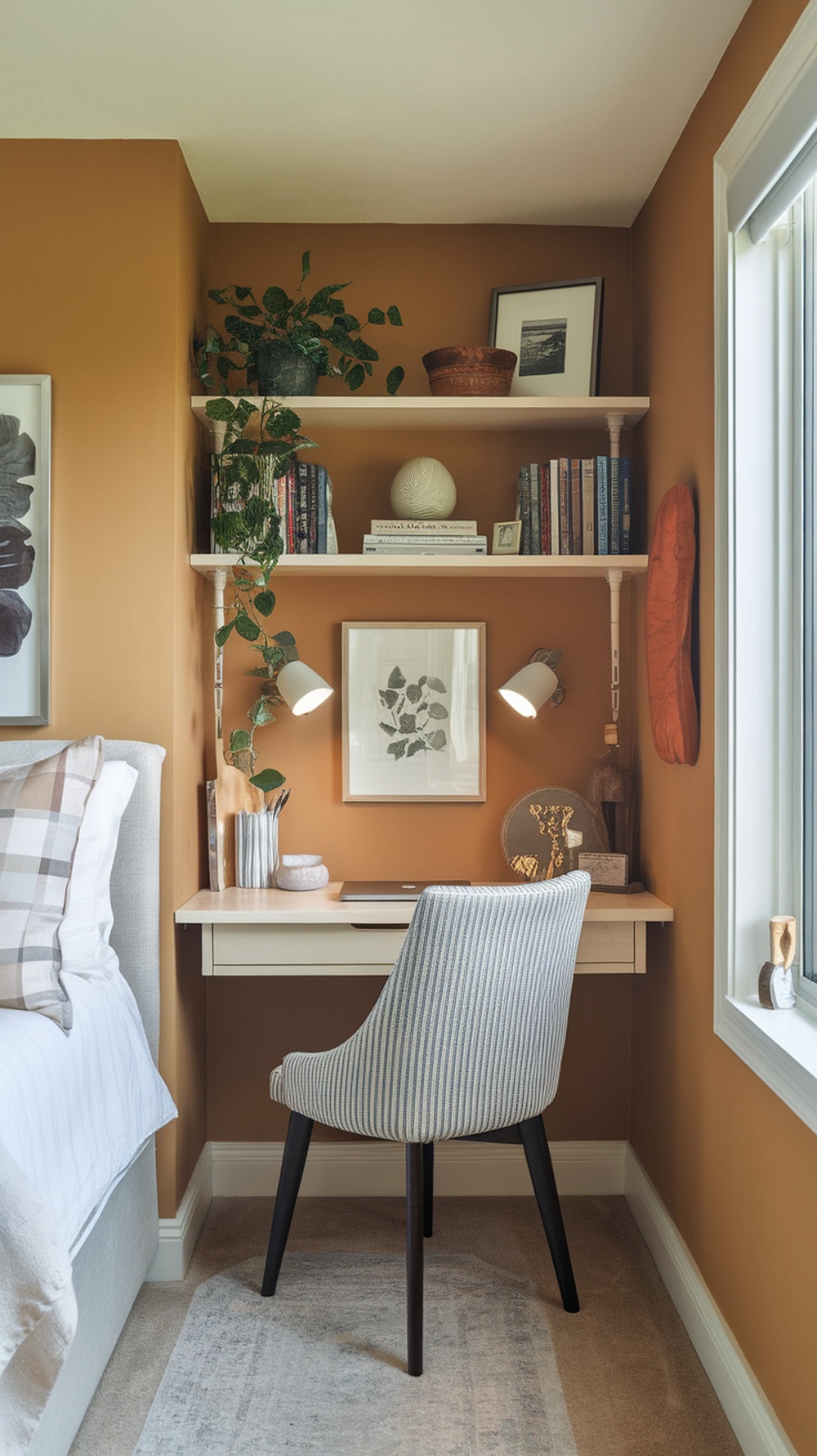 Cozy study nook with desk, plants, and warm lighting in a small bedroom.