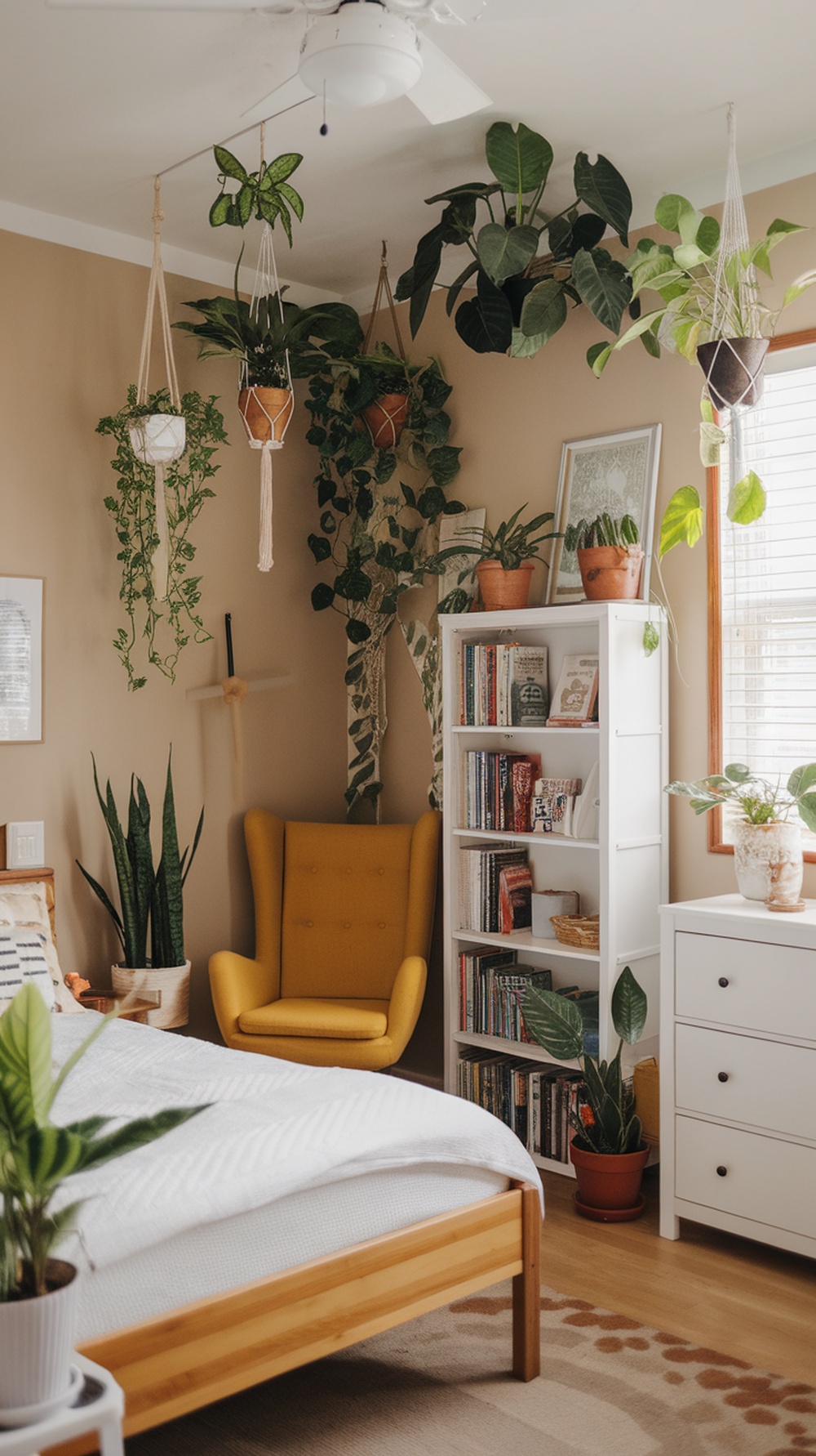 Cozy small bedroom with hanging plants and warm decor.
