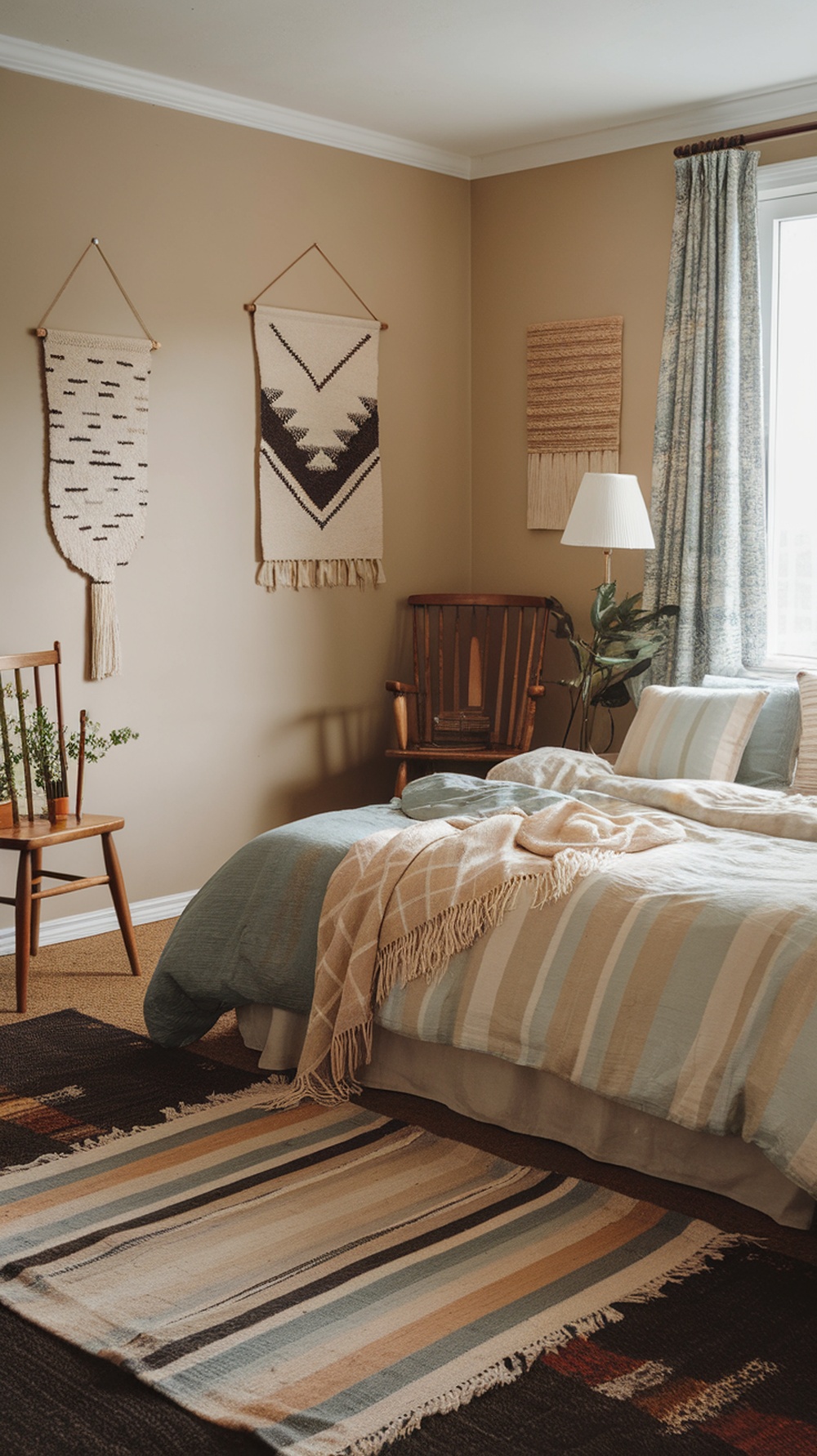 Cozy bedroom with layered rugs and throw blankets, featuring warm colors and textures.