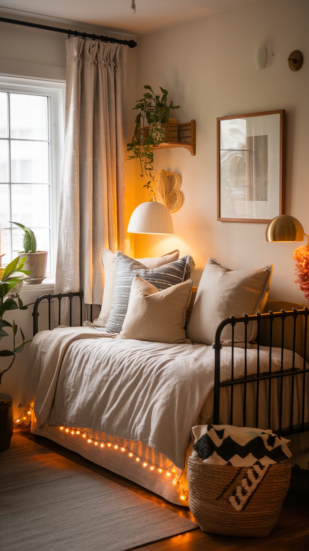 Cozy small bedroom with a daybed layout, soft pillows, and warm lighting.