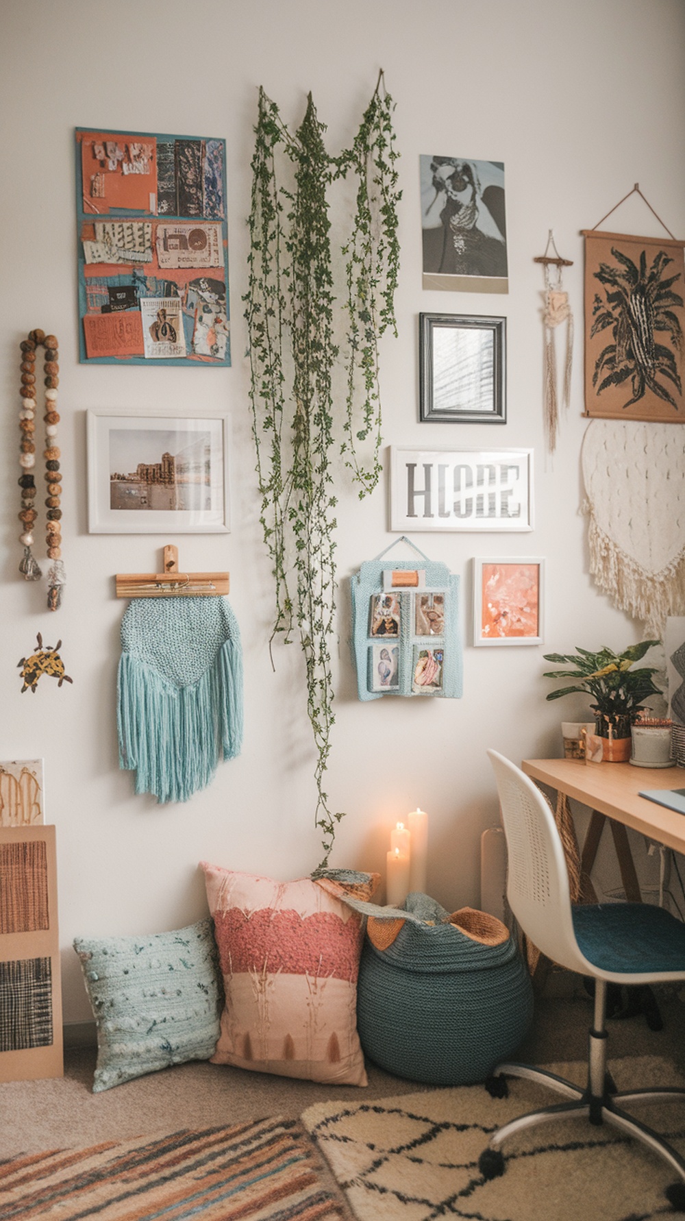 A cozy bedroom wall decorated with a gallery of art, photos, and hanging plants.
