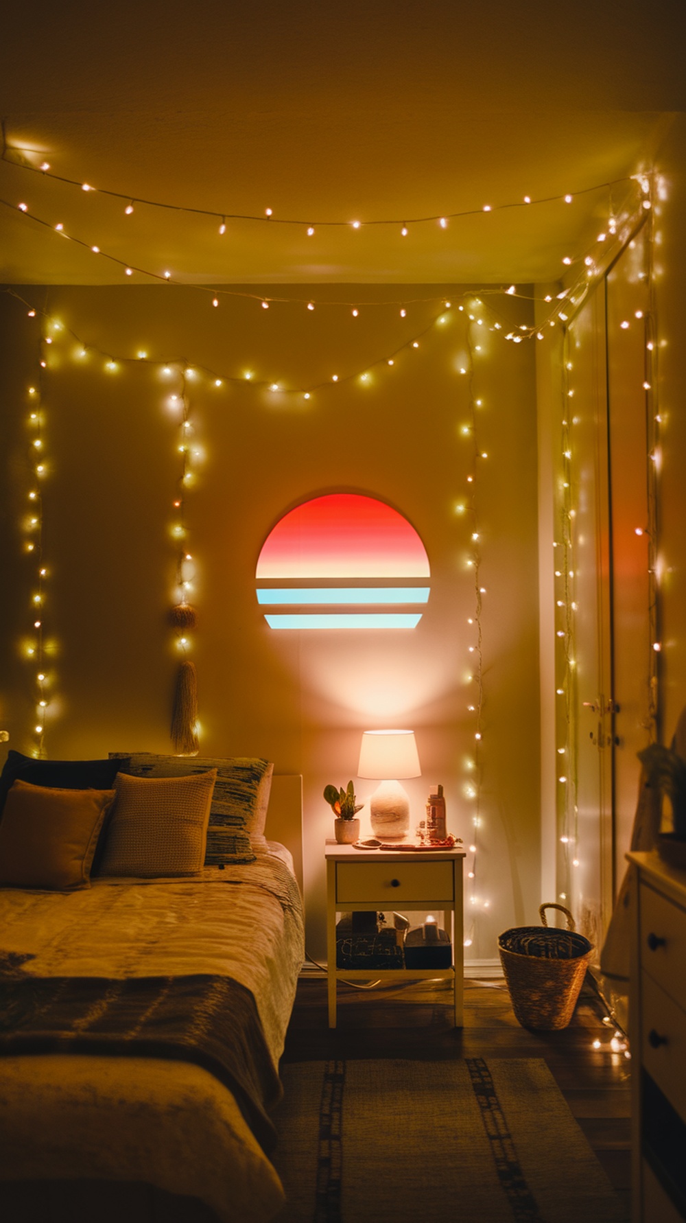 A cozy small bedroom with warm ambient lighting, fairy lights, and a sunset lamp.