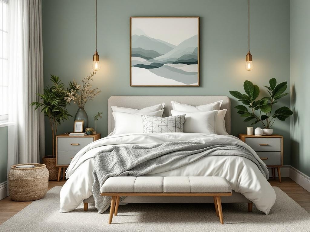 A modern sage green bedroom featuring gold accents in decor.