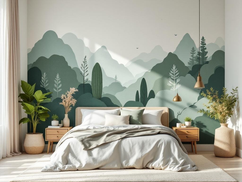 A serene bedroom featuring a nature-inspired mural in shades of sage green.