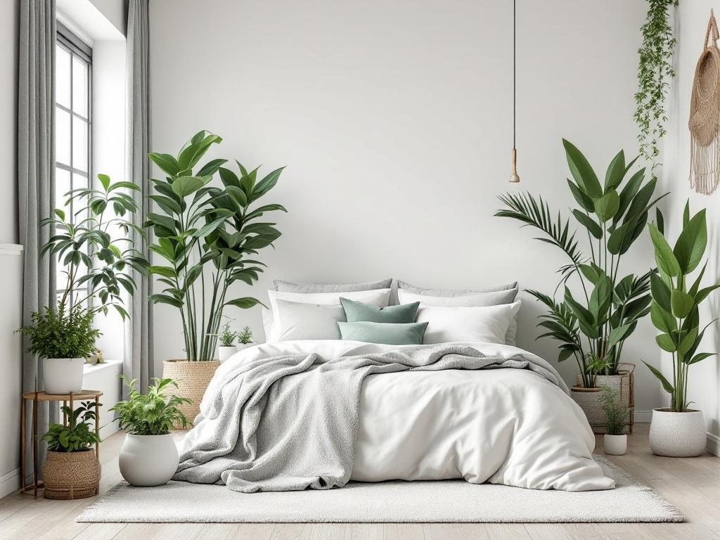 A modern bedroom featuring a bed with sage green accents and various indoor plants.