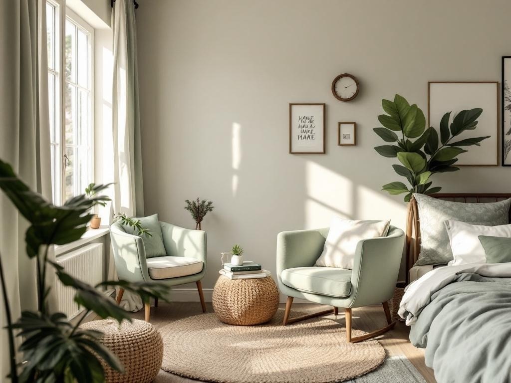 A cozy reading nook in a sage green bedroom with comfortable chairs and plants.