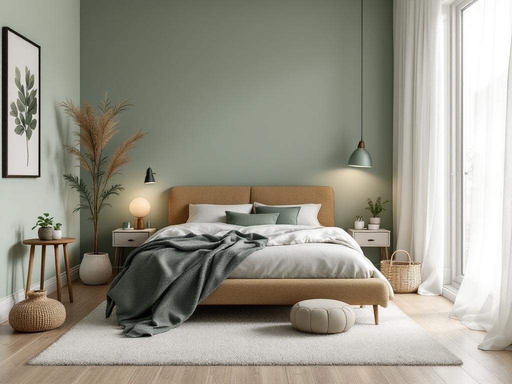 A serene sage green bedroom featuring a cozy bed, plants, and soft lighting.
