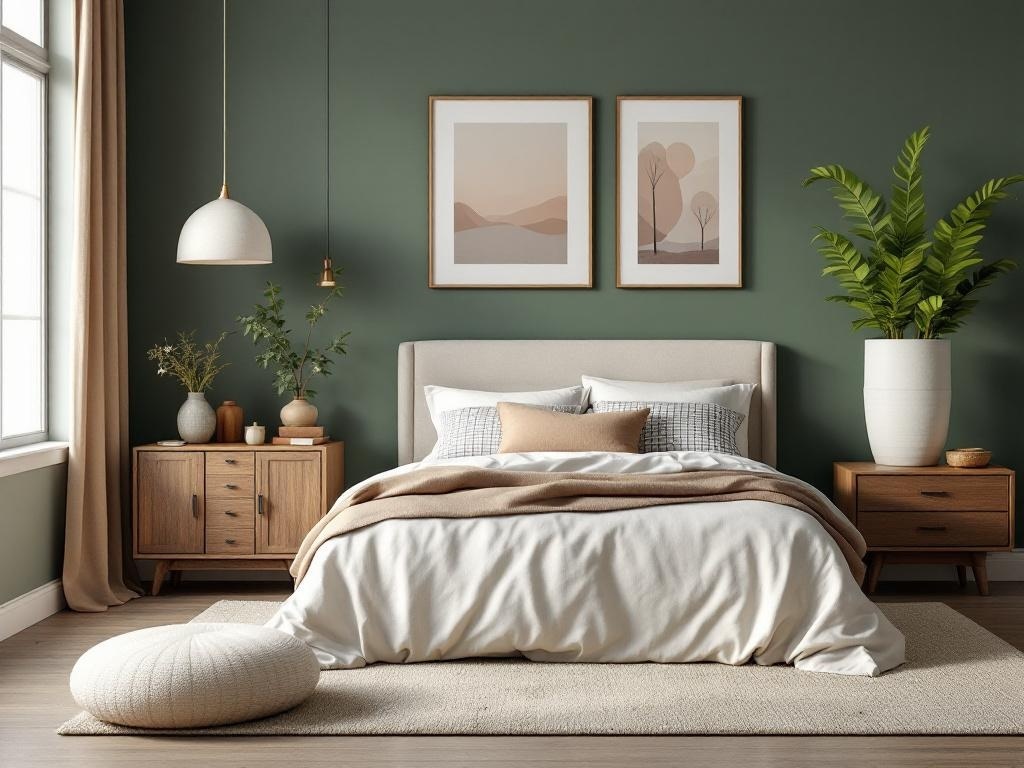 A modern bedroom featuring sage green walls, wooden furniture, and cozy bedding.