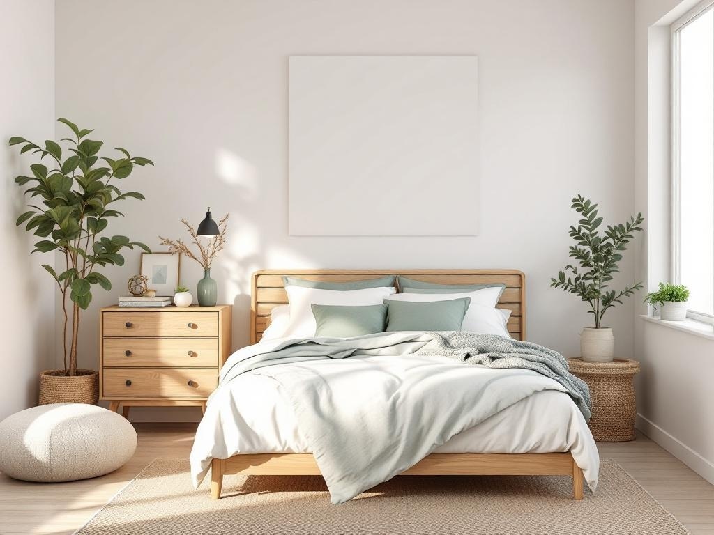 A modern bedroom featuring natural wood furniture and sage green accents.