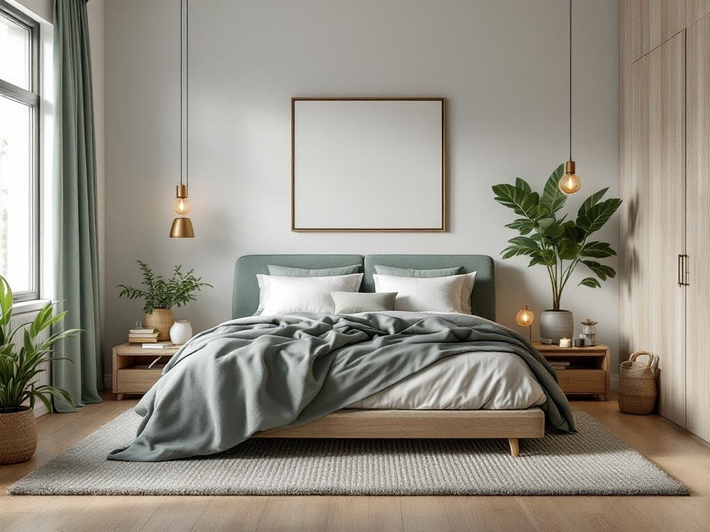 A modern bedroom featuring sage green elements, a cozy bed, and a textured rug.